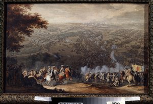 1709年6月27日のポルタヴァの戦い。この戦いは、大北方戦争（1700年から1721年）において、スウェーデン王カール12世のスウェーデン軍とロシア皇帝ピョートル大帝の軍との戦いとなった。ニコによる絵画 作： Nicolas de Larmessin
