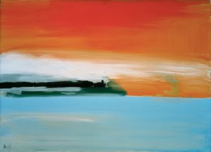 海辺の鉄道、夕日 作： Nicolas de Staël