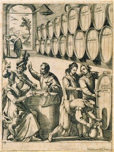 ワインセラーで酒を飲む人々 (ローマのワインの名前は樽に刻まれています) 作： Nicolaus van Aelst