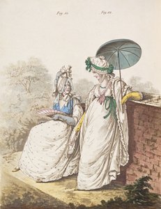 朝のドレス、イチジク。 1796年9月、ニコラウスハイデロフの「ファッションのギャラリー」第2巻の111と112（印刷） 作： Nicolaus von Heideloff
