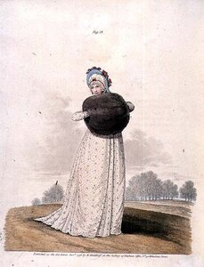 1796年1月、N. Heidloffの「Gallery of Fashion」に掲載されたモスリンのドレス（カラーエングレービング） 作： Nicolaus von Heideloff