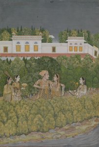 18世紀半ばの庭園の王子と女性。 作： Nidha Mal