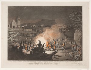 1808年、スウェーデンとの最後の戦争でのクリスチャンアウグストのアンフォセルの版画の下でのノルウェー軍の野営地