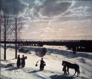 冬のシーン、ロシアの冬 (冬のシーン、ロシアの冬)。 夕方の光の中で雪が降る風景の描写。道端に人物がいる。1 人は馬と女性を先導し、大量のバケツ、2 人がソリの近くで話している。 ペイ 作： Nikifor Stepanovich Krylov