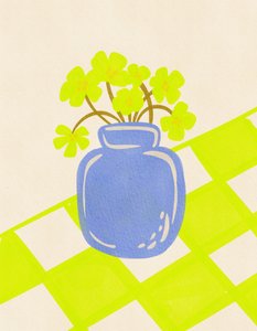 青い花瓶に生けた生花 作： 