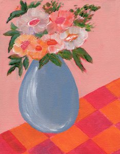 青い花瓶に飾られた色とりどりの花 作： Nikita Jariwala