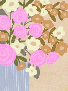 ピンクの花と青い花瓶 作： 
