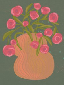 ピンクの花とオレンジの花瓶 作： 