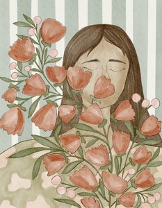 花を手にした穏やかな女性 作： 
