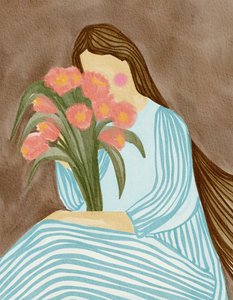 内気な女性とピンクのチューリップ 作： 