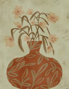 テラコッタの花瓶に咲く花々 作： 