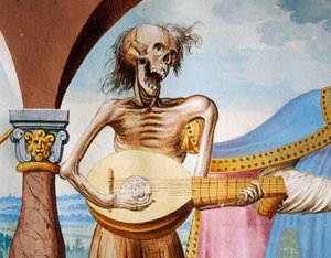 マンドラを演奏する死、アルブレヒト・カウフの「死の舞踏」サイクルからの死、家長、司教のディテール 作： Niklaus Manuel