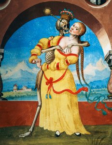 アルブレヒト・カウフの「死の舞踏」サイクルの中の「若い女性と死」、「未亡人と若い女性」のディテール
