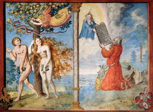 エデンからのアダムとイブの追放と石版を受け取るモーゼ（アルブレヒト・カウフの「死の舞踏」サイクルより 作： Niklaus Manuel