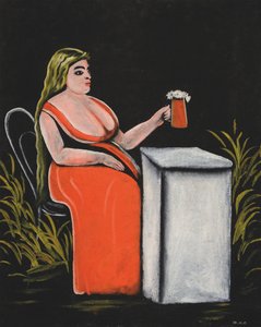 ビールジョッキを持つ女性。