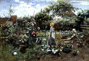 菜園で菜園で2人の若い女の子がおしゃべりをしている。一人はガーデニング、もう一人は野菜を収穫している。ニコラ・マシッチ（1852-1902）作 個人蔵