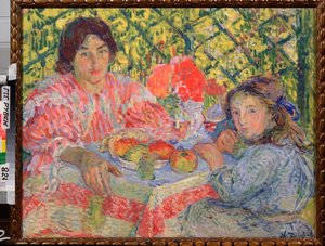 朝食のテーブルで - ニコライ・アレクサンドロヴィッチ・タルホフの絵画 (タルホフ、タルコフ、タルホフまたはタルコフ) 作： Nikolai Aleksandrovich Tarkhov