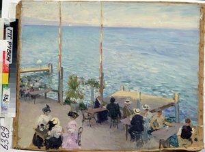 レマン湖、ジュネーブ (スイス)、カフェ。 （ジュネーブ湖。カフェ）。 Nikolai Alexandrovich Klodt (1865-1918) の画家、キャンバスに油彩 作： Nikolai Alexandrovich Klodt