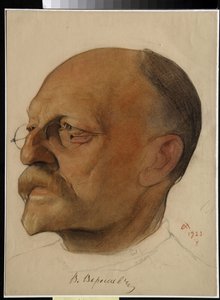 Vikenti Vikentyevich Smidovitch の肖像、dit Vikenti Veressaiev (1867-1945)、ロシアの医師および作家 (Vikenty Vikentyevich Veresaev) - Nikolai Andreevich Andreev (1873-1932) によるドローイング、紙に楽園とクレヨン (32.5x24 cm) 作： Nikolai Andreevich Andreev