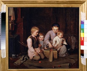 イースターエッグ ゲーム。 4 人の子供が、家の床に広げられたコートに取り付けられた木製の水路に木製の卵を滑り込ませて遊んでいます。 Nikolai Andreevich Kocheliov (1840-1918) の絵画、キャンバスに油彩 作： Nikolai Andreevich Kocheliov