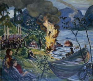 ジョルスターウォーターの真夏の火事（キャンバスに油彩） 作： Nikolai Astrup