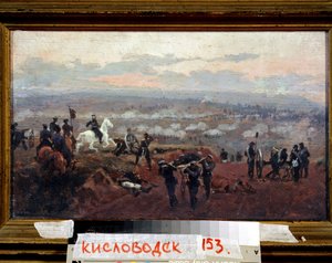 緑の丘への攻撃 - クリミア戦争のエピソード (1853-1856) - ニコライ・ドミトリエヴィッチ・ドミトリエフ・オレンブルグスキー (ドミトリエフ・オレンブルグスキーまたはドミトリエフ・オレンブルフスキーまたはドミトリエフ・オレンブルフスキー) (1837-1898) による絵画、木に油彩