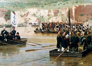 1877年6月、スヴィシュトフでドナウ川を渡るロシア人 作： Nikolai Dmitrievich Dmitriev Orenburgsky