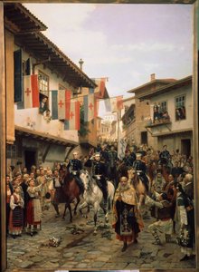 1877 年から 1878 年の露土戦争: 「1877 年 6 月 3 日、ブルガリアのヴェリコ タルノヴォでの大公ニコライエヴィッチ (ニコラス ニコライエヴィッチ エルダー) (1831-1891)」 」 ニコライ・ドミトリエヴィッチ・ドミトリエフ・オレンブルグスキーの絵画（D
