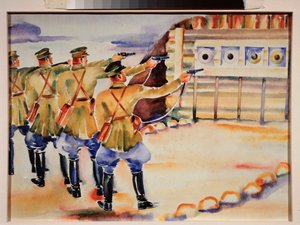 射撃訓練場 (兵士の列がターゲットを訓練する) - ターゲット練習の場所 - ニコライ・ドミトリエヴィッチ・プロホロフ (1896-1942) の作品、紙に水彩、1930 年頃 - ロシア美術、20 世紀、ソビエト美術 - Regional Art Mu