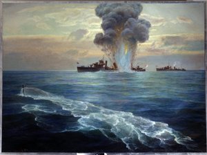 ロシア内戦: 1919 年 9 月 1 日、セスカー島 (フィンランド湾) 沖でボリシェヴィキ潜水艦パンテラの魚雷攻撃を受けるイギリス駆逐艦ヴィクトリア 作： Nikolai Evlampievich Bublikov