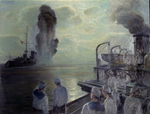 1917 年のロシア革命: 1918 年 6 月 18 日にロシアの黒海艦隊が自らの船を沈めた (1918 年 6 月 18 日の黒海艦隊の自己沈没)。 Nikolai Eviampievich Bublikov (1871-1942) の絵画、キャンバスに油彩