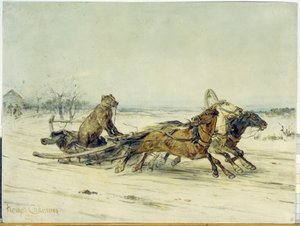 トプティギン将軍 - ニコラス (ニコライ) ネクラソフ (1821-1877) の物語から、3 頭の馬 (トロイカ) が引くそりに取り付けられた銃口を持つクマ - ピョートル (ピョートル) ペトロヴィッチ ソコロフ (1821-1899) による絵画、キャンバスに油彩 作： Nikolai Nekrassov