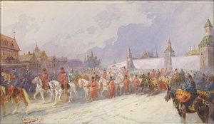 捕らえられたクチュム・カーンの家族のモスクワへの入国。 1599 年、1891 年。 作： Nikolai Nikolayevich Karasin