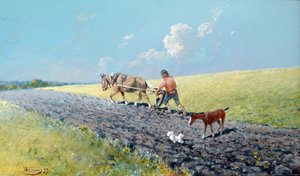 「耕作」 畑を耕す農民、ロシア ニコライ・ニコラエヴィチ・カラシン作（1842-1908） 1899年 淡色 16.5x27.5 cm 個人蔵