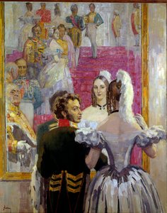 ロシアの詩人アレクサンドル・プーシキン (プーシキン) (1799-1837) と妻のナタリア・ゴンチャロワ (ゴンチャロワ) がアニチコフ宮殿の舞踏会で。 Nikolai Pavlovich Ulyanov (Ulyanov) (1875-1949) の絵画