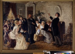 デュオ。 （個室でコンサートを行う歌手）。 ニコライ・ペトロヴィッチ・ザゴルスキー (1849-1893) の絵画、キャンバスに油彩。 ロシア美術 作： Nikolai Petrovich Zagorsky