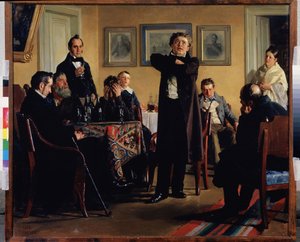 俳優のパベル モチャロフ (1808-1848) は、彼の崇拝者を囲んでいます。 （彼のファンの間で俳優P.モカロフ）。 ロマンチックなロシアの最大の悲劇と見なされている彼は、プライベートサロンでの役割を解釈し、観客は注意を払い、感情に取り込まれます 作： Nikolai Vasilievich Nevrev