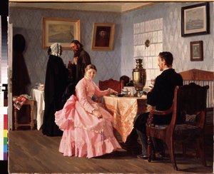 マッチメイキング。 若いカップルの結婚式の準備のために、お茶を飲みながらのミーティング。 Nikolai Vasilyevich Nevrev (1830-1904) の絵画、キャンバスに油彩