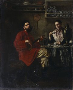 農民生活の家庭的な風景、1855 年 作： Nikolai Vasilyevich Nevrev