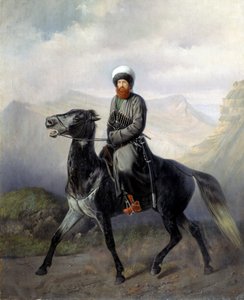 Portrait equestre de Chamil (Imam Chamil, Shamil) (1797-1871)、chef des tribus musulmanes du Caucase nord (北コーカサスのイスラム教徒部族の政治的および宗教的指導者の肖像、イマーム・シャミル) - Peinture de Nikolai Yegorovich Sverchov