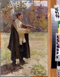 ハウスソング。 バイオリンを弾く兵士。 （ホームソング。バイオリンを弾く兵士）。 Nikolai Alexeyevich Kasatkin (Kasatkin) (1859-1930) による絵画、キャンバスに油彩 作： Nikolaj Alekseevich Kasatkin