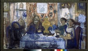 お茶を飲む。 中央にサモワールを置いたテーブルを囲む家族。 Nikolai Nikolayevich Sapunov (Sapunov) (1880-1912) の作品、ダンボールにテンペラ 作： Nikolaj Nikolaevic Sapunov