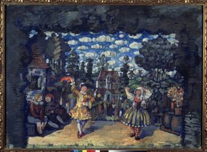グリーンブルのホテル。 Mikhail Kouzmin (1875-1936) による演劇「Dutchwoman Lisa」の準備装飾。 Nikolai Nikolayevich Sapunov (Sapunov) (1880-1912) の作品、ダンボールにテンペラ 作： Nikolaj Nikolaevic Sapunov