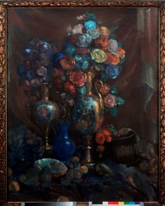 Nature morte (Vases, fleurs et fruit) - Still life (Vases, flowers and fruit) - Nikolai Nikolayevich Sapunov (Sapunov) (1880-1912) 作、キャンバスにテンペラ