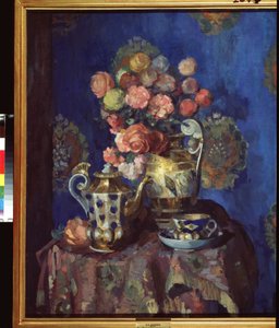 花のある静物。 Nikolai Nikolayevich Sapunov (Sapunov) (1880-1912) の作品、ダンボールにテンペラとパステル。 20世紀初頭のロシア美術、現代美術。 国立ロシア美術館、サンクトペテルブルク。 作： Nikolaj Nikolaevic Sapunov