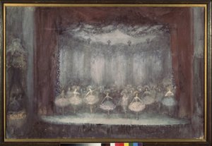 バレエ。 (チュチュを着たバレリーナの劇場シーン)。 Nikolai Nikolayevich Sapunov (Sapunov) (1880-1912) の作品、テンペラ、チョーク、シルバー、ブロンズ、ボール紙