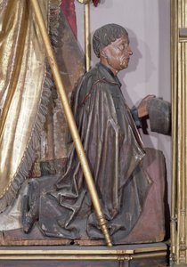 イセンハイムの祭壇画、セントオーガスティンの細部、寄贈者、ジャンドリエ、c.1490木に金の絵の具 作： Nikolaus Hagenauer