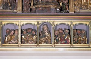 キリストと十二使徒の木製彫刻、アイゼンハイムの祭壇画の納置台のプレデラから、1490年頃（塗られた木）