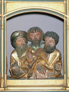 聖ジェームズ大、聖シモン、聖タデウスの木造彫刻、アイゼンハイム祭壇画のプレデラ、c.1490（塗られた木）