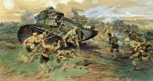 クリミアでの戦車の捕獲。 ロシア内戦 (1917-1923) 中の白軍と赤衛軍の戦闘シーン。 Nikolai Semyonovich Samokish (1860-1944) の作品、紙に水彩 作： Nikolay Semenovich Samokish